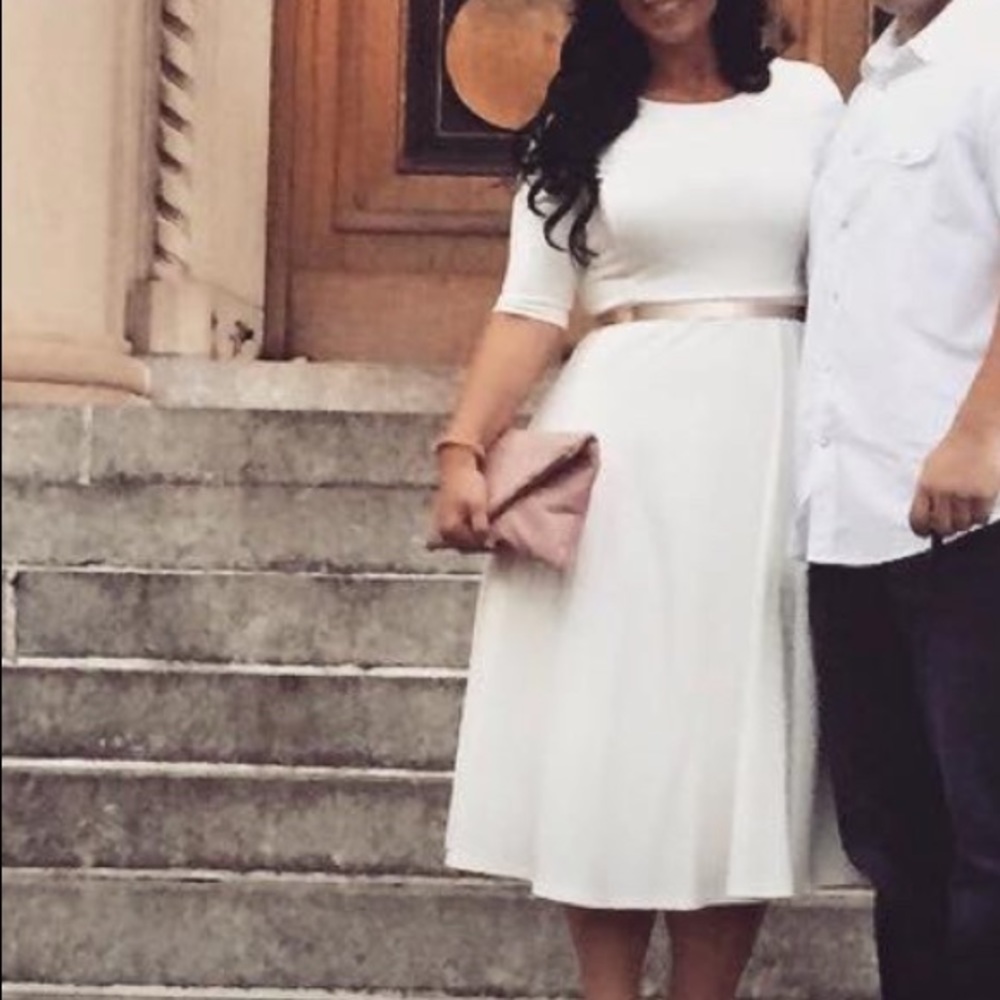 3/4 sleeve midi fit and flare ivory dress